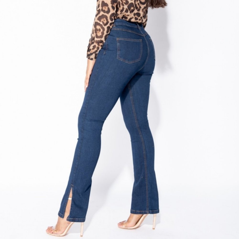 Blue High Waist Split Hem Skinny Flare Jeans Denim Pants - Picture 6 of 8